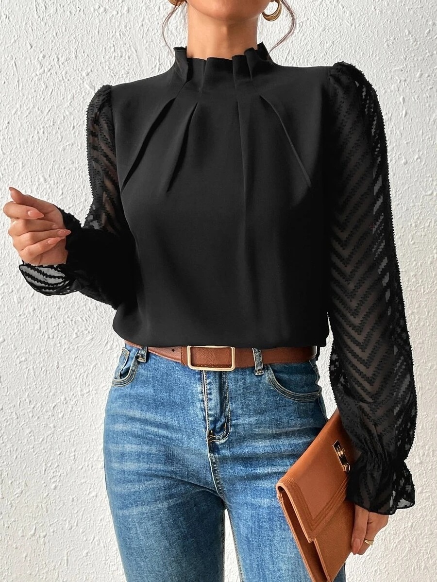 European American Women Autumn Winter New Half-high Neck Splicing Wavy Chiffon Long-sleeved Causal Lady's Tops Blouse Shirt