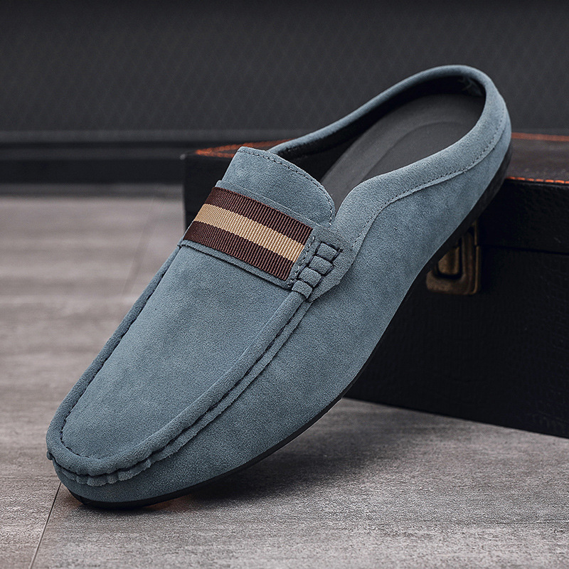 New Men Youth SLIP-ON Dress Bean Shoes PU Velour Leather Summer Spring Half Slipper Flats Loafers Breathable Casual Shoes