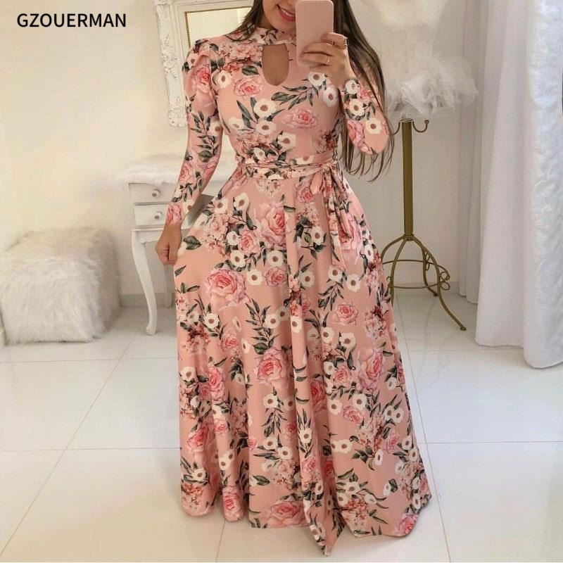 wholesale fashion Long sleeves women beach dress colorful stock Floral Long Maxi Women Dress