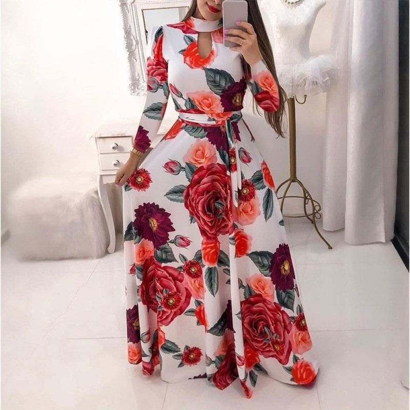 wholesale fashion Long sleeves women beach dress colorful stock Floral Long Maxi Women Dress