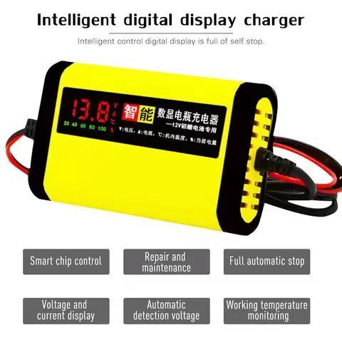 Car 12V Motorcycle Battery Charger 2A Full Automatic 3 Stages Lead Acid AGM GEL Intelligent LCD Display Charging Car Accessories