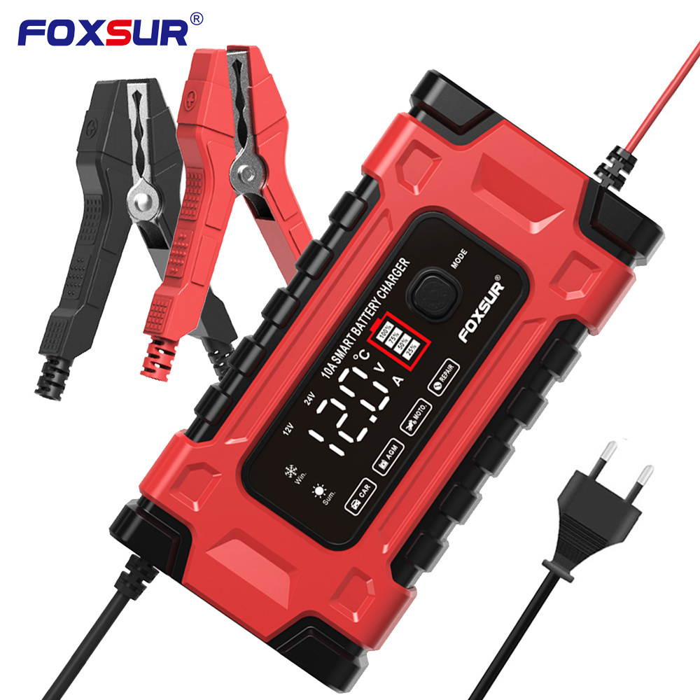 FOXSUR 12V 10A Pulse Repair Charger Motorcycle Car Battery Charger Maintainer