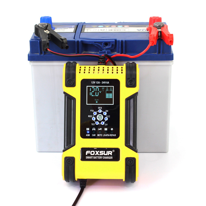 FOXSUR 12V 24V 12A Automotive Lead Acid Battery Charger Maintainer Pulse Repair Battery Charger