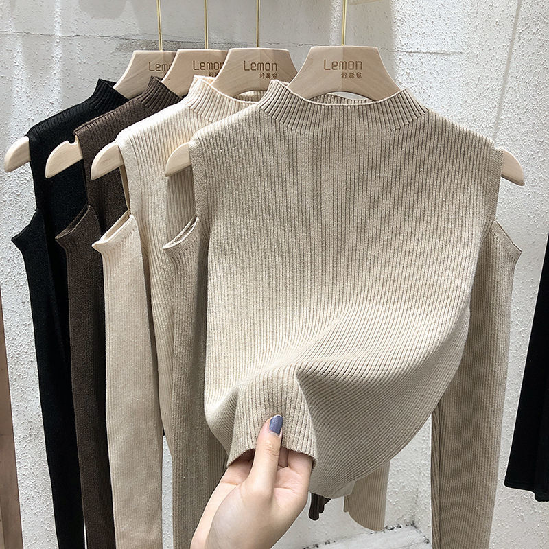 2022 New Fashion Women Winter Sweater Korean Solid Color off-the-shoulder long-sleeve top base shirt Sweater