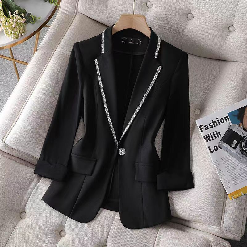 Women Lady Suit Coat Matching Chiffon Three Quarter Sleeve Thin Coat Solid Color Jacket Suit Lapel Diamond V-neck Elegant Coat