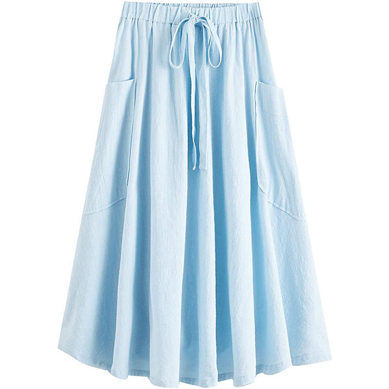 Summer New Fashion Cotton And Linen Half-length Skirt Solid Color Long Skirt With pocket Large Swing Women's Skirts