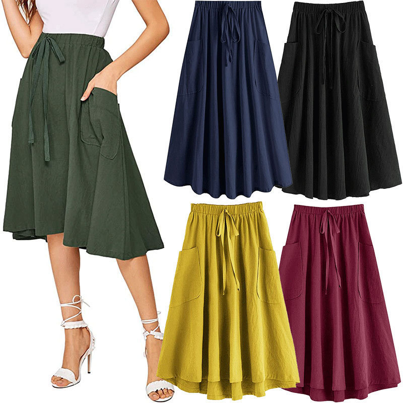 Summer New Fashion Cotton And Linen Half-length Skirt Solid Color Long Skirt With pocket Large Swing Women's Skirts