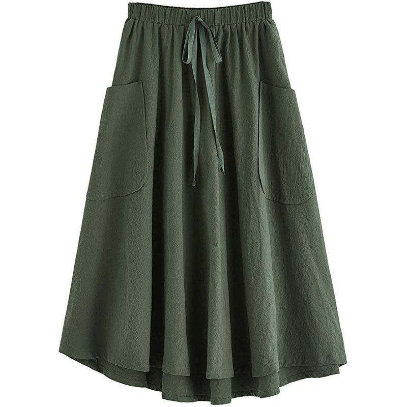 Summer New Fashion Cotton And Linen Half-length Skirt Solid Color Long Skirt With pocket Large Swing Women's Skirts