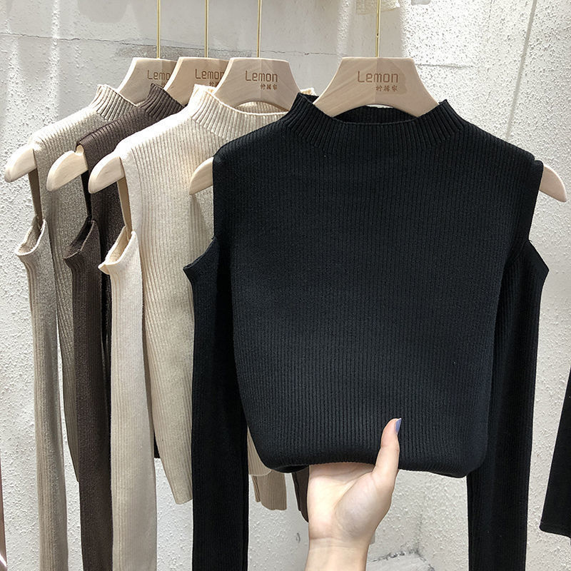 2022 New Fashion Women Winter Sweater Korean Solid Color off-the-shoulder long-sleeve top base shirt Sweater