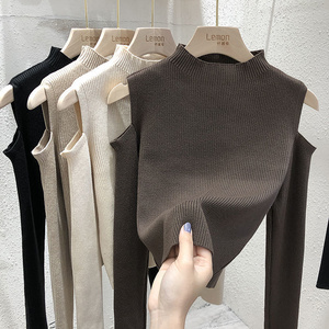 2022 New Fashion Women Winter Sweater Korean Solid Color off-the-shoulder long-sleeve top base shirt Sweater