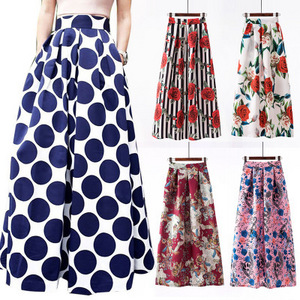 Women's White Contrast Polka Dot Print Maxi Skirt Flared Casual Bodycon Umbrella Skirt Long Summer Beach Skirts