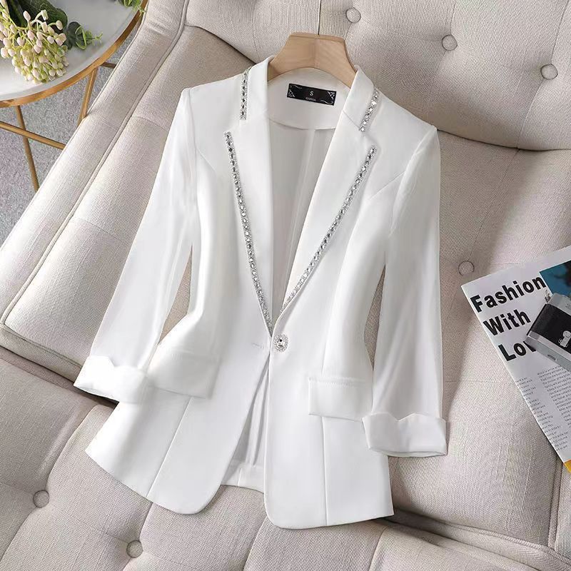 Women Lady Suit Coat Matching Chiffon Three Quarter Sleeve Thin Coat Solid Color Jacket Suit Lapel Diamond V-neck Elegant Coat