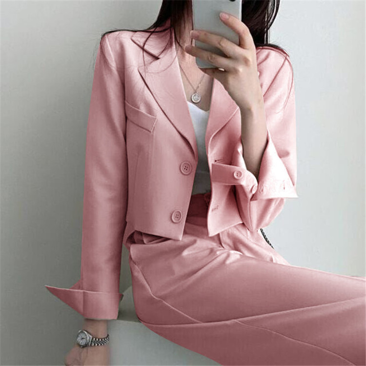 Korean Style blazers set 2022 Two Piece Suit high quality Cropped Button Blazer+ High Waist Long Office Pant