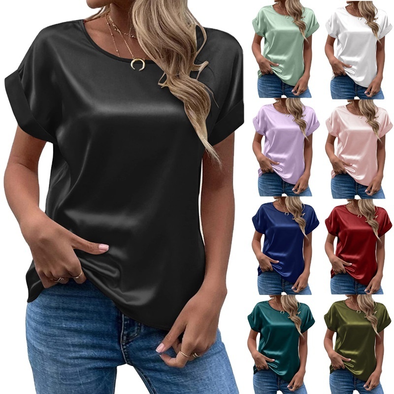 2024 New Fashion Women Summer Short Sleeve Round Neck Pullover Solid Color T-shirt French Style Straight Tops