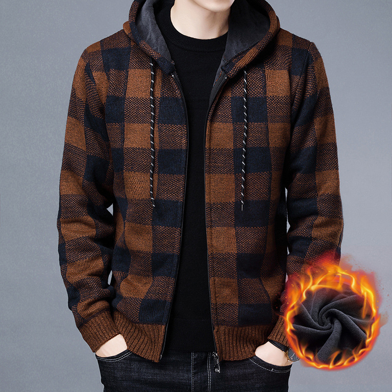 2023 Winter Fleece Hooded Knit Coat Outdoor Thick Plaid Long Sleeve Slim Fit Zipper Cardigan Men Sweater