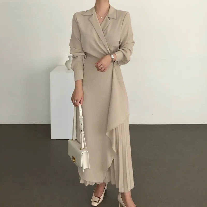 New Arrival Spring French Elegant Suit Collar Irregular Pleated Design Lace Up Waist Long Sleeve Dress