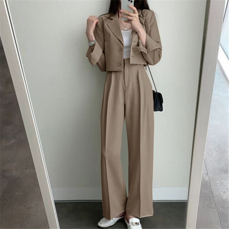 Korean Style blazers set 2022 Two Piece Suit high quality Cropped Button Blazer+ High Waist Long Office Pant