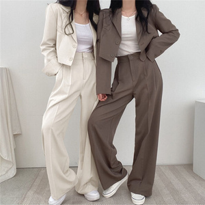 Korean Style blazers set 2022 Two Piece Suit high quality Cropped Button Blazer+ High Waist Long Office Pant