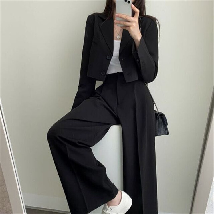 Korean Style blazers set 2022 Two Piece Suit high quality Cropped Button Blazer+ High Waist Long Office Pant