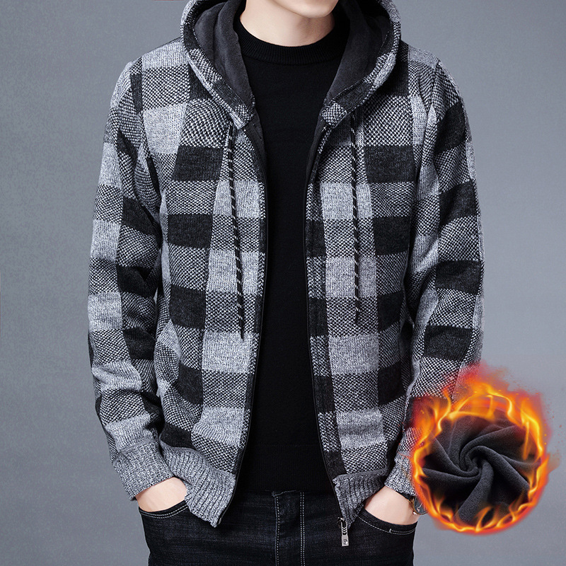 2023 Winter Fleece Hooded Knit Coat Outdoor Thick Plaid Long Sleeve Slim Fit Zipper Cardigan Men Sweater