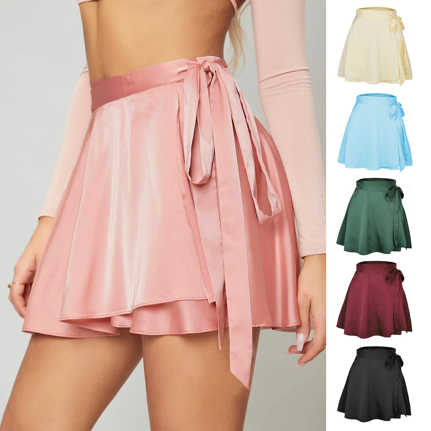 2023 New Women Sexy Summer Mini Skirt Chiffon Satin Ladies Beach Sarong Short Silky Wrap Skirt