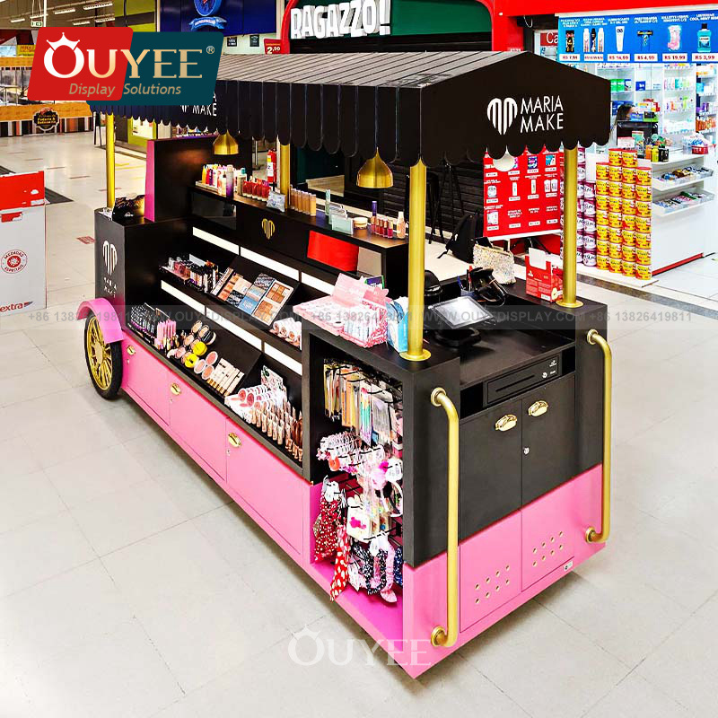 Manufacturer Metal Light Led Retail Showcase Pink Shopping Mall Shop Kiosk Flower Cart Kiosk Candy Cart Display For Mall