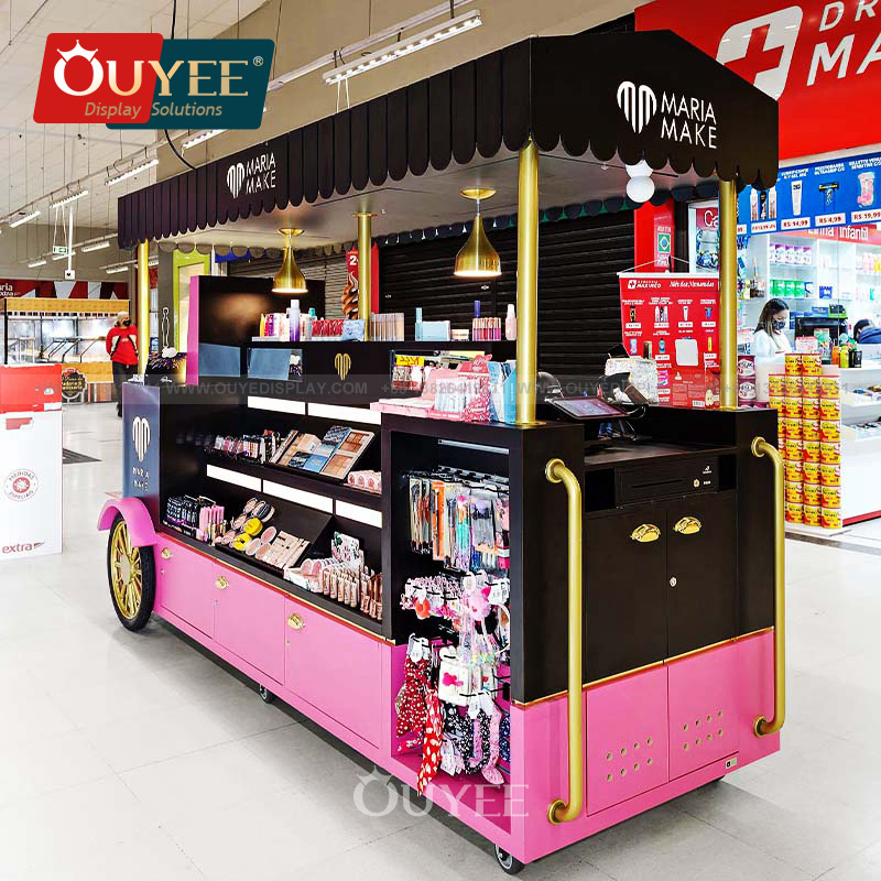 Manufacturer Metal Light Led Retail Showcase Pink Shopping Mall Shop Kiosk Flower Cart Kiosk Candy Cart Display For Mall