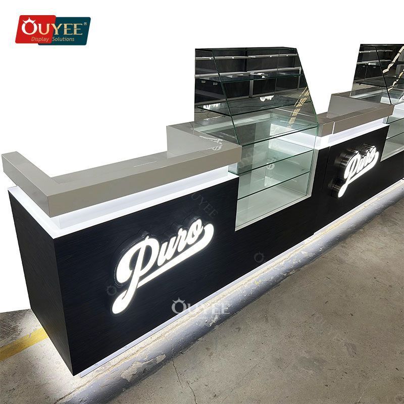 Smoke Shop Furniture Supplier Led Counter Table All Glass Display Case Wood Dispensary Display Table Glass Cigar Display Racks