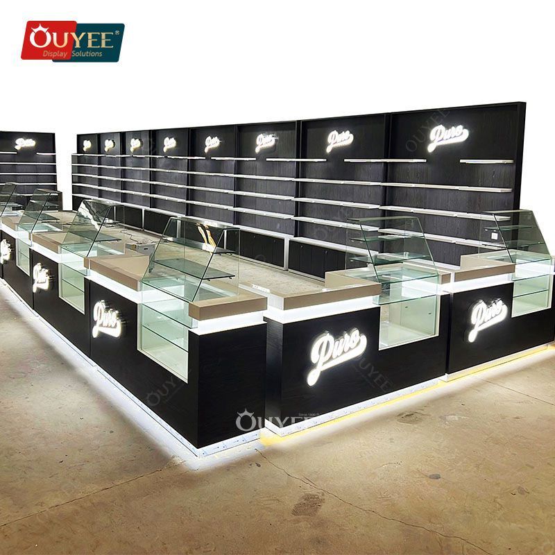 Smoke Shop Furniture Supplier Led Counter Table All Glass Display Case Wood Dispensary Display Table Glass Cigar Display Racks