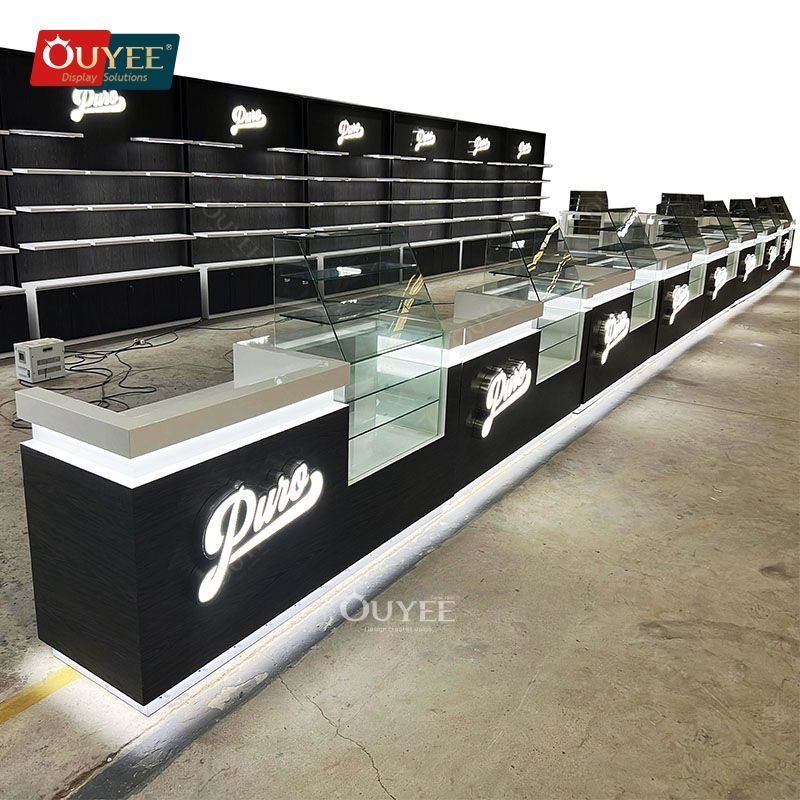 Smoke Shop Furniture Supplier Led Counter Table All Glass Display Case Wood Dispensary Display Table Glass Cigar Display Racks