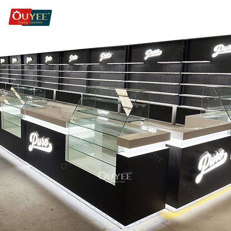 Smoke Shop Furniture Supplier Led Counter Table All Glass Display Case Wood Dispensary Display Table Glass Cigar Display Racks