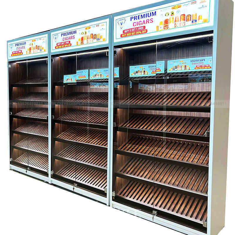 High Quality Tall Wooden Cigar Display Cabinet LED Wall Showcase for Smoke Shop Furniture for Cigar Room