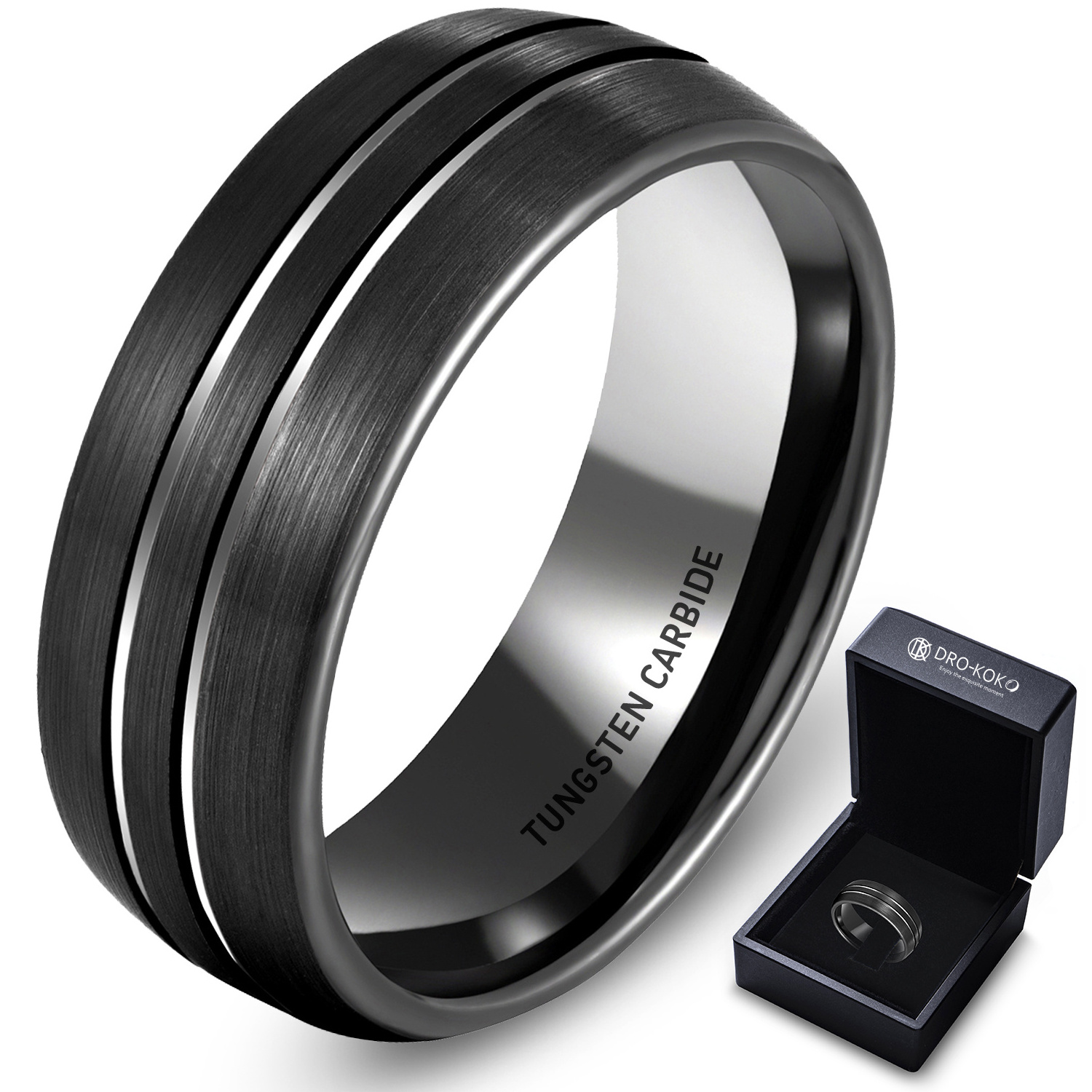 8MM New Mens IP Black Plated Tungsten Ring with Step Edge Center Brushed man boys rings