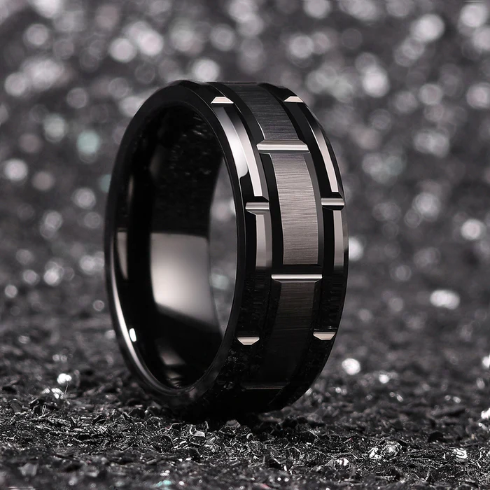 Ouayun Newest Design Eternity 8mm His And Her Set Brick Pattern Brushed Center Tungsten Ring wedding rings couple set