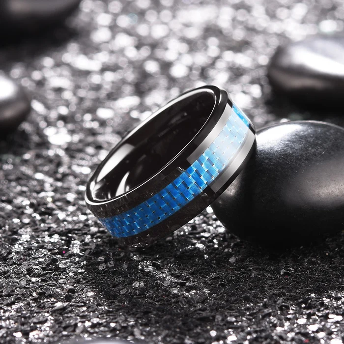 8mm Black Tungsten Ring For Men Women Engagement Wedding Band Blue Carbon Fiber Inlay Beveled Comfort Fit