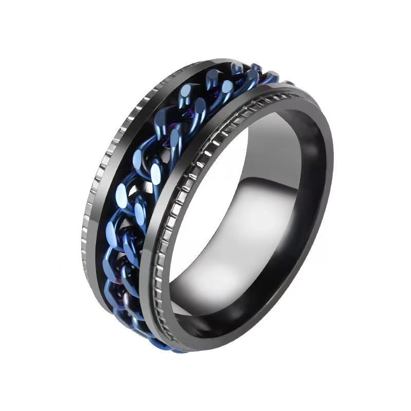 Tik Tok Cool Chain Inlaid Stainless Steel Spinner Rings Popular Wide Stress Relieving Anxiety Fidget Rings For Men