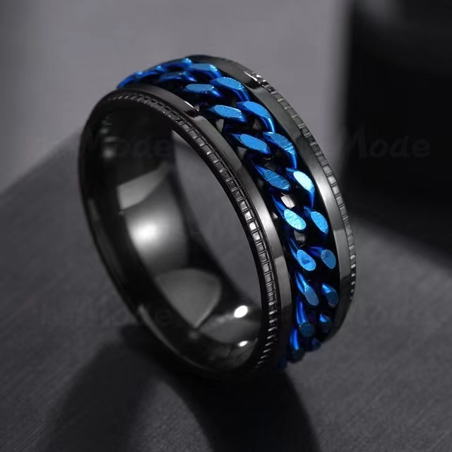 Tik Tok Cool Chain Inlaid Stainless Steel Spinner Rings Popular Wide Stress Relieving Anxiety Fidget Rings For Men