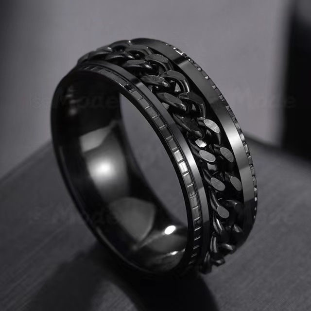 Tik Tok Cool Chain Inlaid Stainless Steel Spinner Rings Popular Wide Stress Relieving Anxiety Fidget Rings For Men