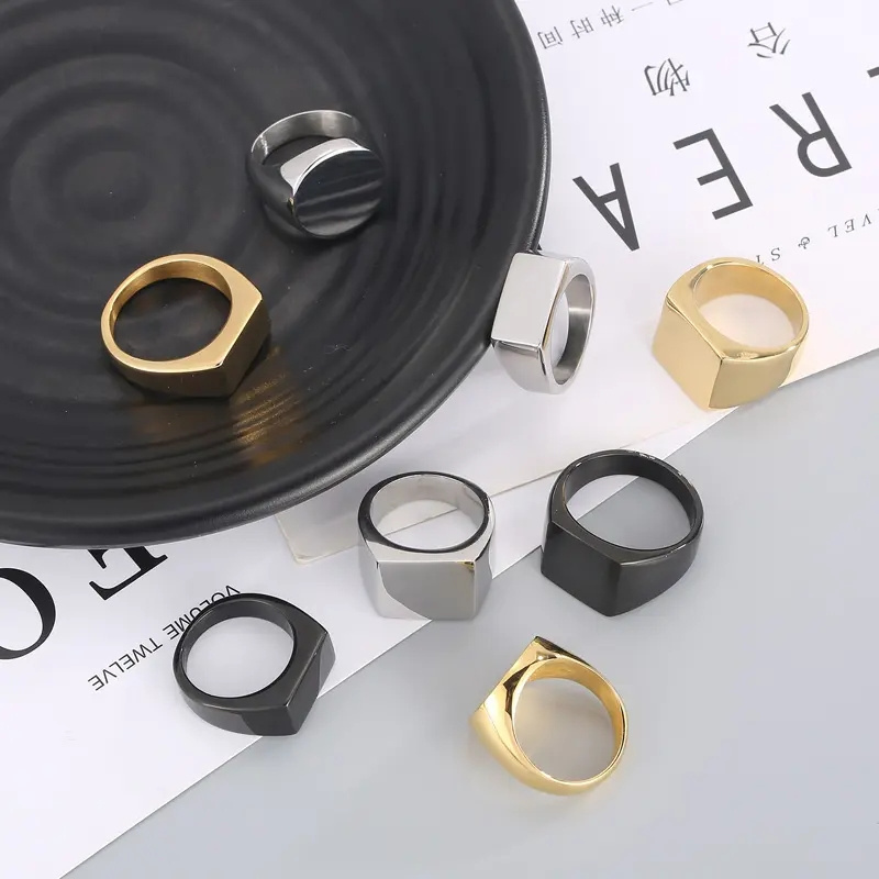 In Stock Wholesale Jewelry Finger Rings Black 18k Gold Plated Stainless Steel Custom Logo Engraved Geometric Signet Ring For Men