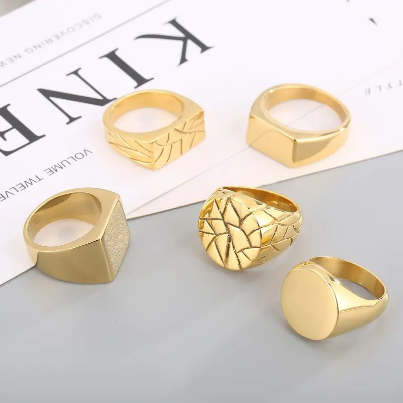 In Stock Wholesale Jewelry Finger Rings Black 18k Gold Plated Stainless Steel Custom Logo Engraved Geometric Signet Ring For Men