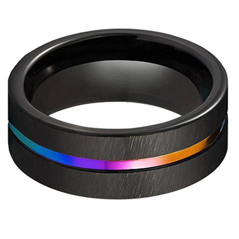 Wholesale hight quality 8mm Black New Brushed Wedding Band Colorful Rainbow groove Tungsten Ring