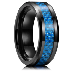 8mm Black Tungsten Ring For Men Women Engagement Wedding Band Blue Carbon Fiber Inlay Beveled Comfort Fit