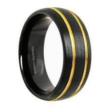 Wholesale 8mm brushed black tungsten steel ring for man black ring with two tone silver gold blue groove thin line