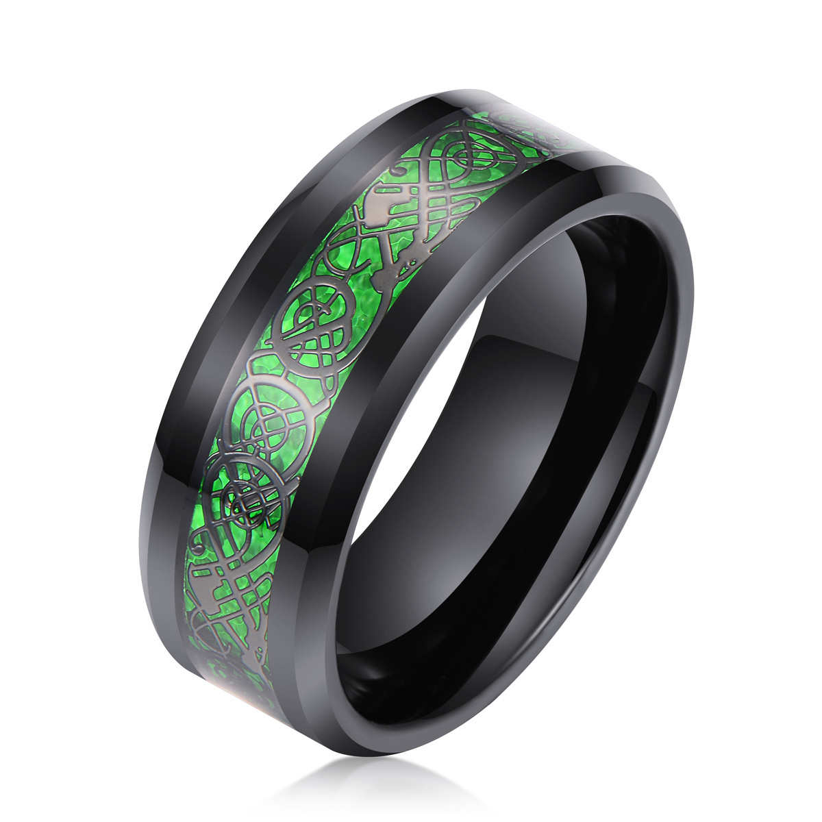 High quality rings RTS 8mm Carbon Fiber Green Dragon Inlay Black Tungsten Ring for Men Engagement Wedding Band Comfort Fit