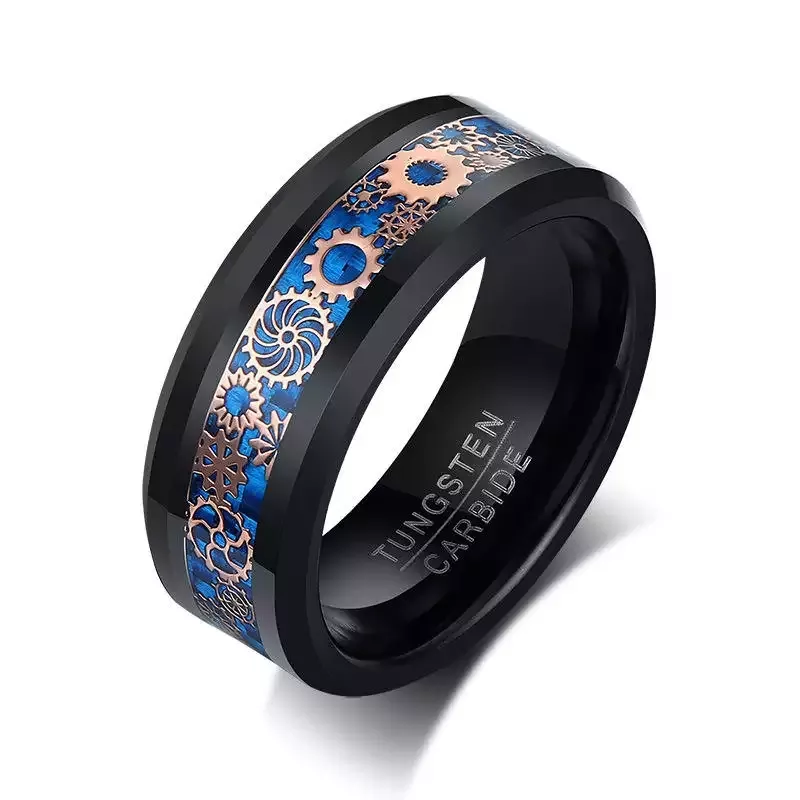 Wholesale Fashion jewelry custom 8mm Tungsten Ring for Men Women Steampunk Gear Red Carbon Fiber Inlay Fashion Wedding Band