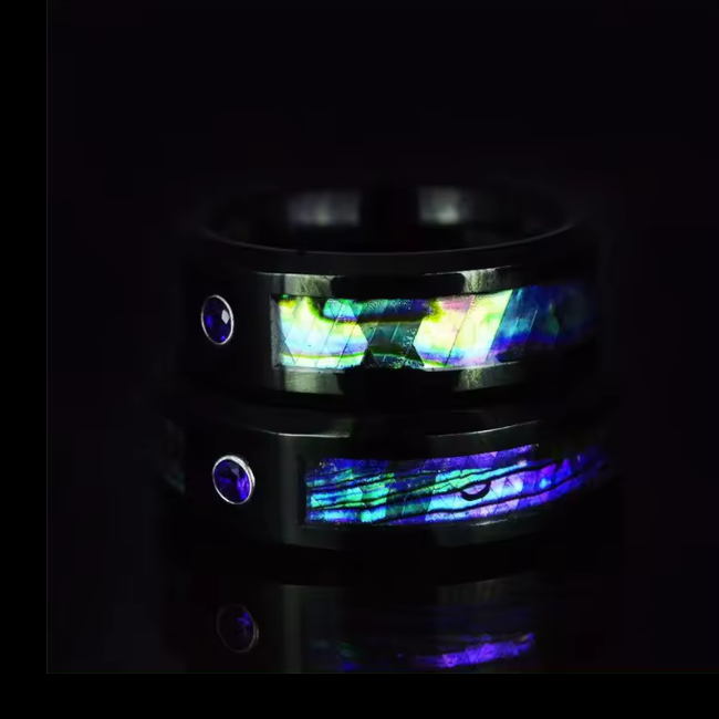 Black Tungsten Abalone Shell Inlay Ring 8mm Blue Sapphire Stone Wedding Band For Men