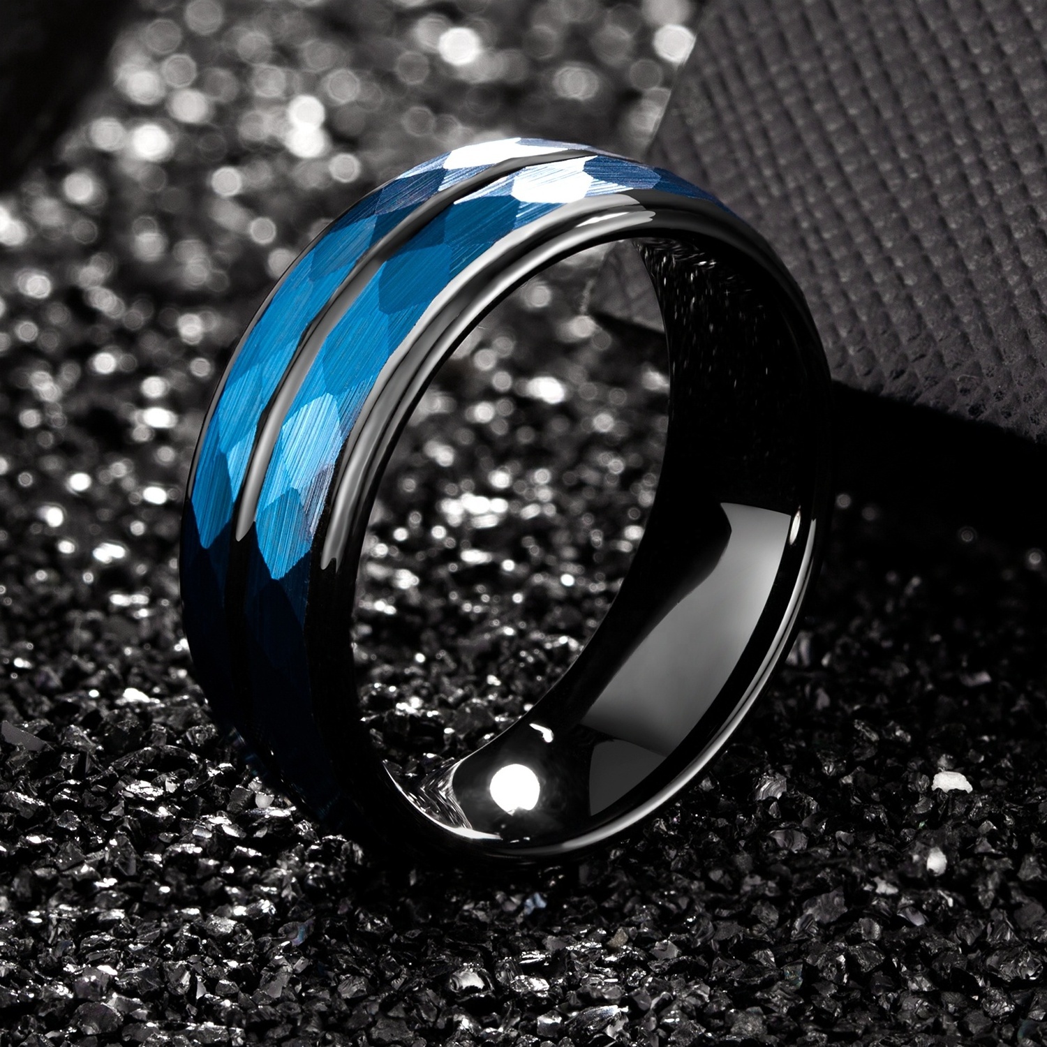 8MM Wholesale Blue Hammered Tungsten Carbide Ring Men black thin line tungsten ring men