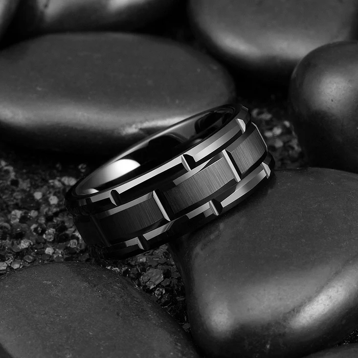 Ouayun Newest Design Eternity 8mm His And Her Set Brick Pattern Brushed Center Tungsten Ring wedding rings couple set