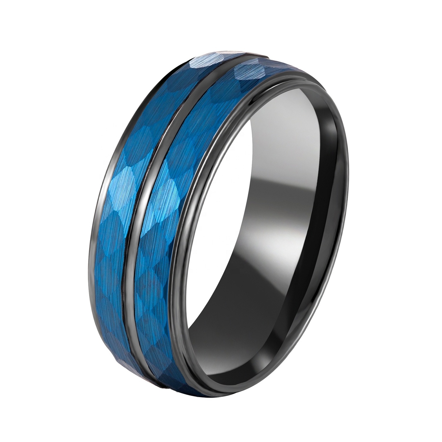 8MM Wholesale Blue Hammered Tungsten Carbide Ring Men black thin line tungsten ring men