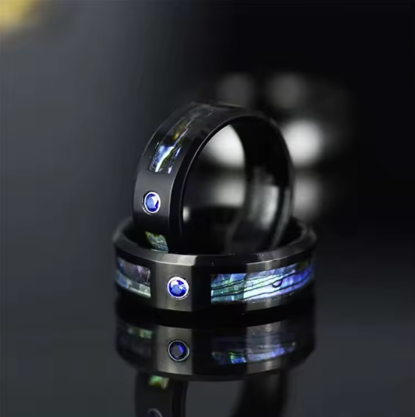 Black Tungsten Abalone Shell Inlay Ring 8mm Blue Sapphire Stone Wedding Band For Men